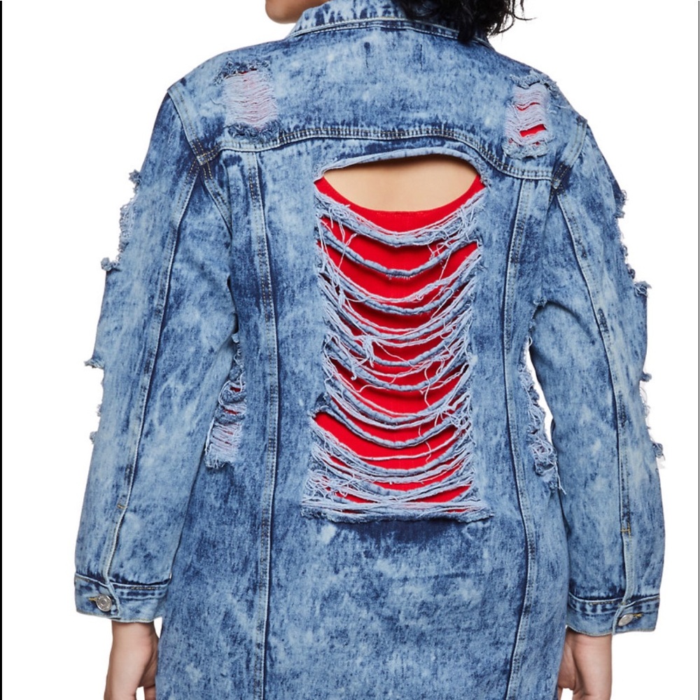 💥New😍Plus Size, Denim, Long Jacket w Ripped Back